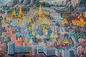 Mural paintings at Wat Phra Kaew, Bangkok. Tower, building.